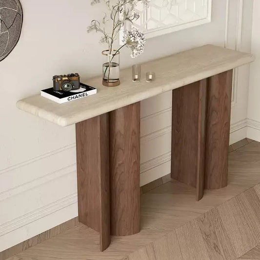 The Meridian Pillar: Solid Travertine & Walnut Veneer Console - Architectural Natural Stone Furniture | LuxuryMarbleHome