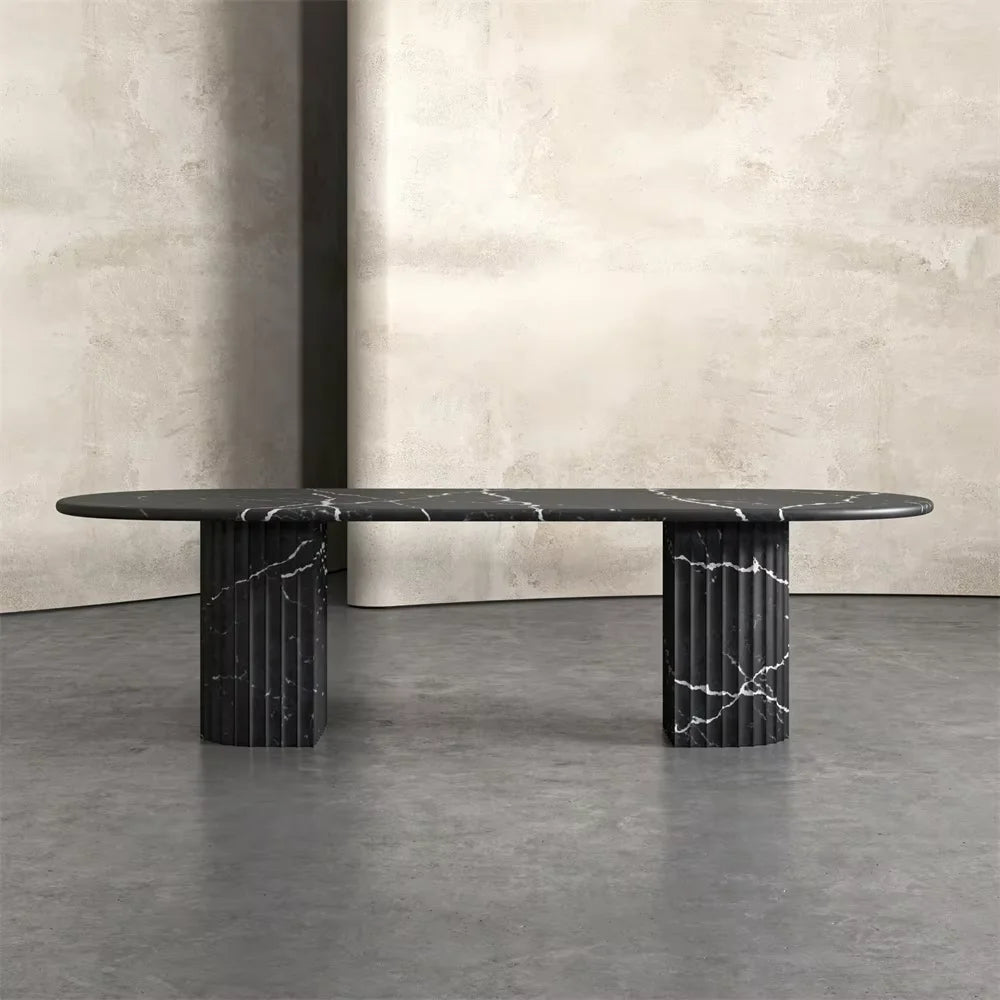 Architectural Fluted Nero Marquina Black Marble Dining Table - Oval Monolithic Design | LuxuryMarbleHome