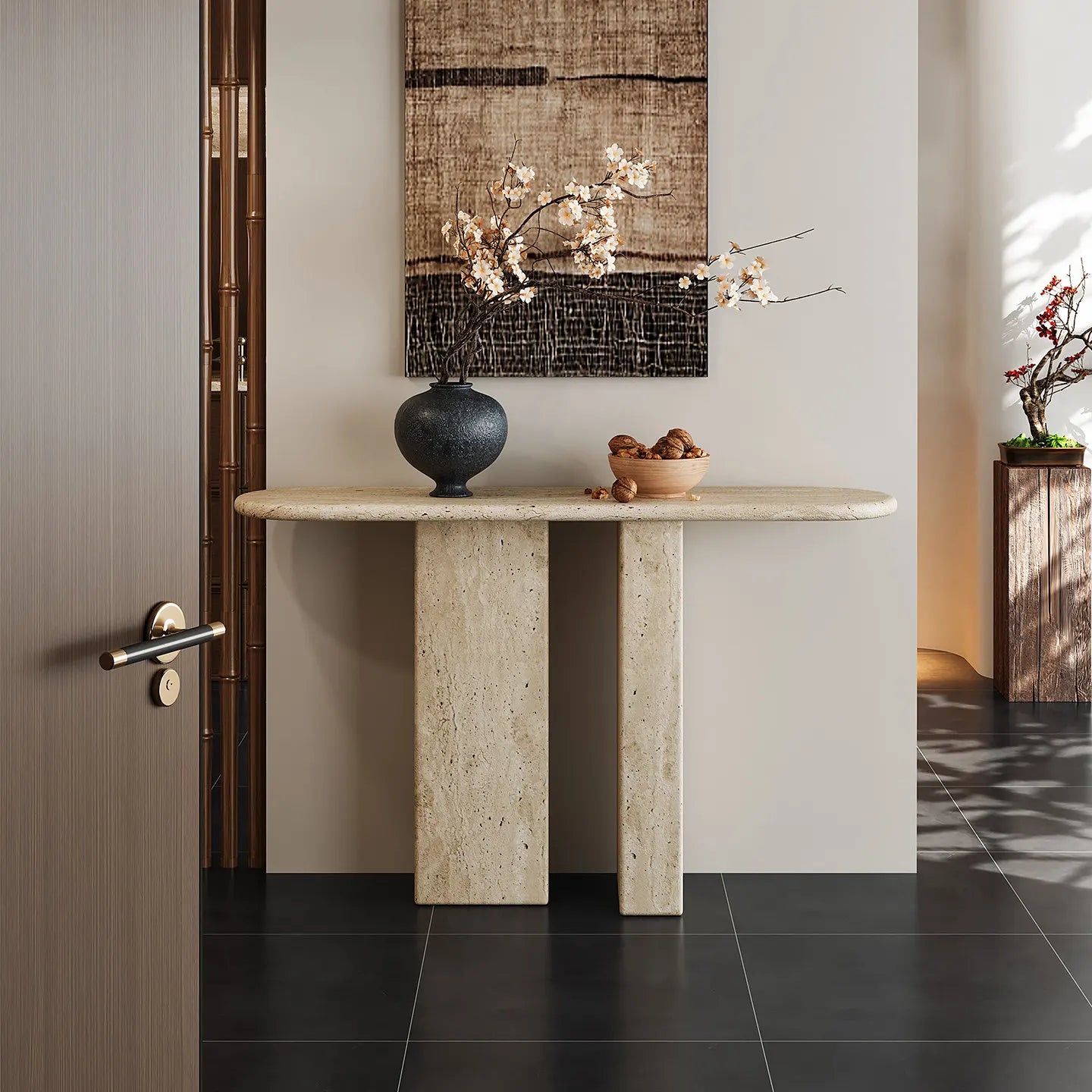 The Pillar Monolith: Double-Plinth Travertine Console - Architectural Natural Stone Furniture | LuxuryMarbleHome