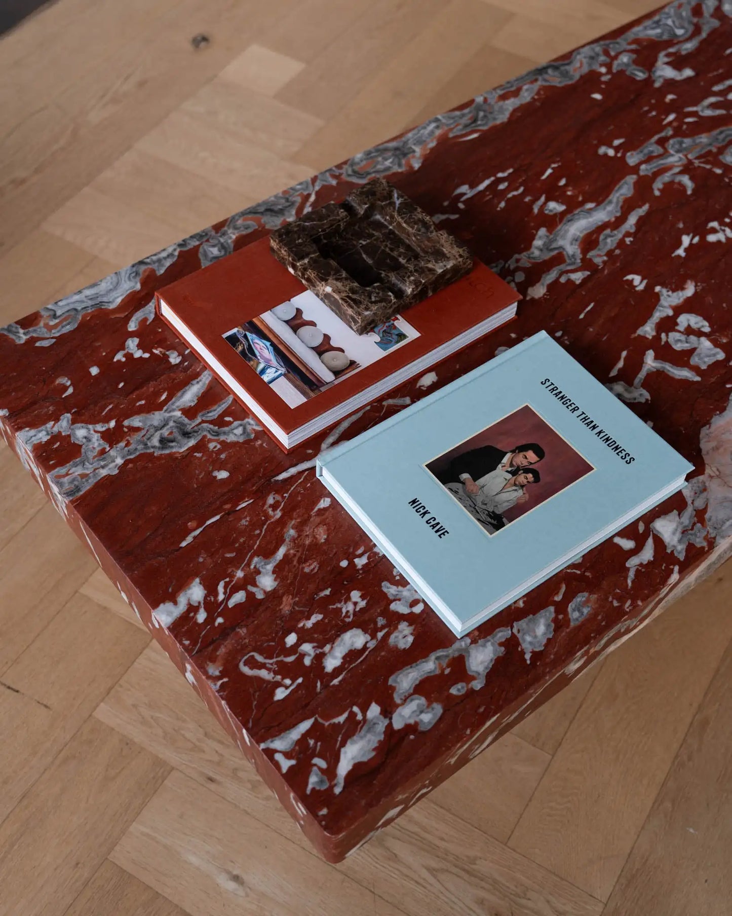 Rosso Francia Red Marble Coffee Table - Monolithic Pedestal Design - Architectural Natural Stone Furniture | LuxuryMarbleHome