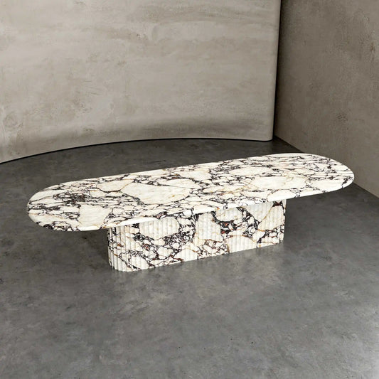 Top View: Dramatic Burgundy Veining of Calacatta Viola Marble Oval Table | LuxuryMarbleHome