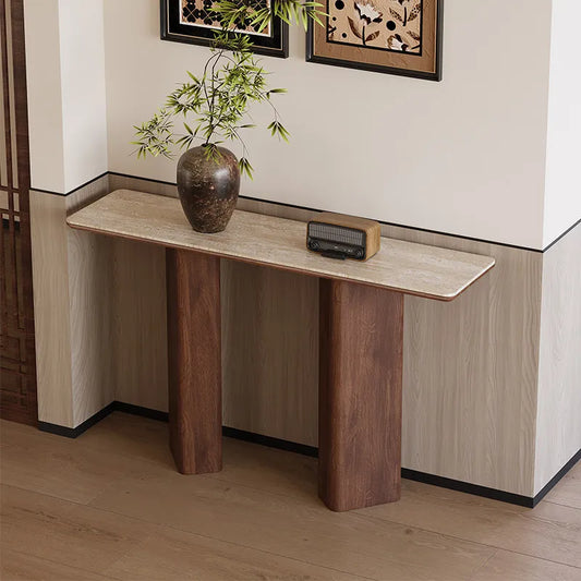 The Walnut Pillar: Travertine Sintered Stone & Walnut Console - Architectural Natural Stone Furniture | LuxuryMarbleHome