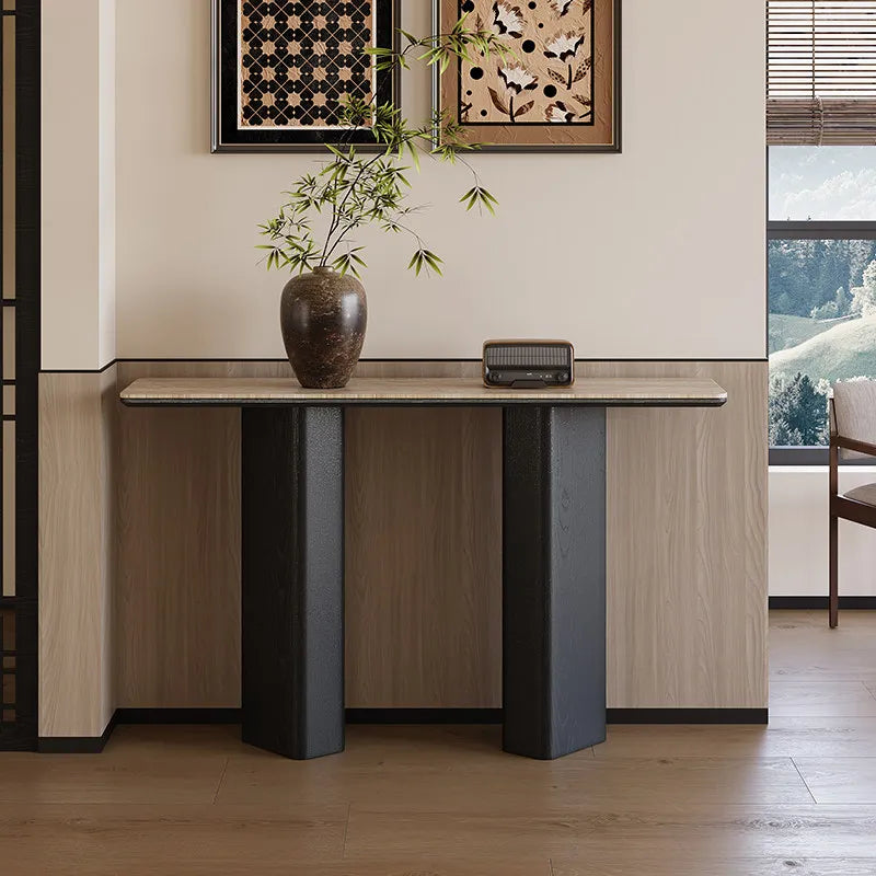 The Noir Pillar: Travertine Sintered Stone & Black Oak Console - Architectural Natural Stone Furniture | LuxuryMarbleHome