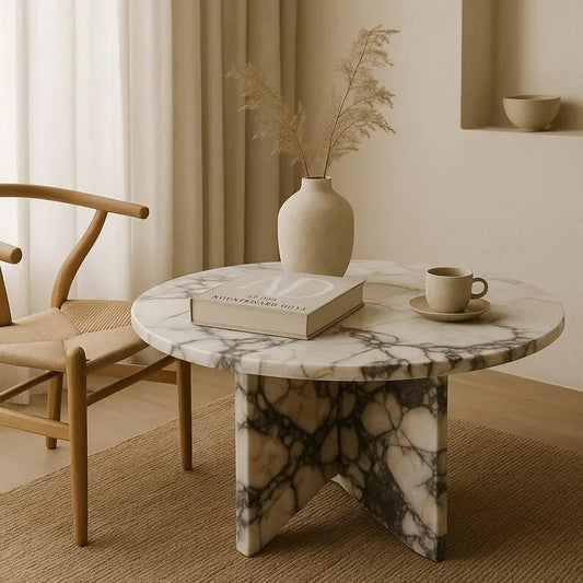 Round Calacatta Viola Marble Dining Table - Sculptural Cross-Pedestal Design - Architectural Natural Stone Furniture | LuxuryMarbleHome