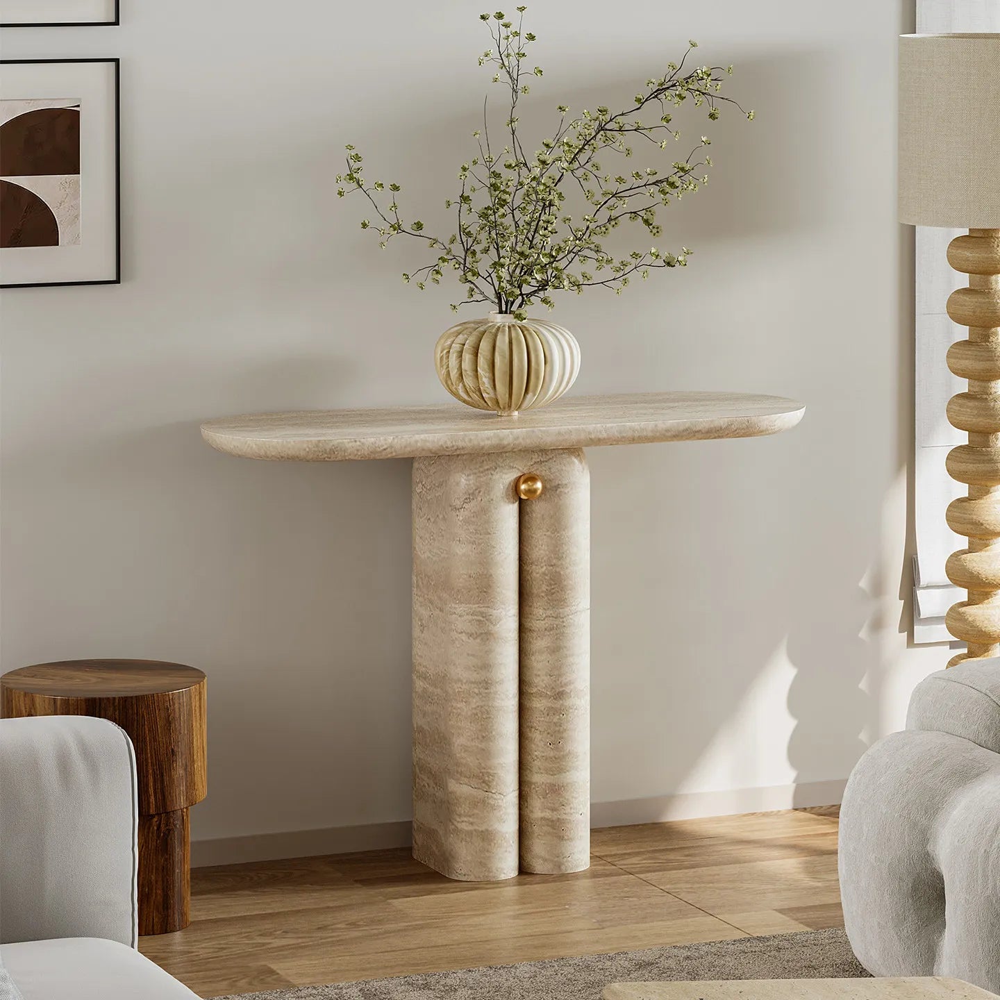 The Orb Monolith: Gold-Accented Travertine Console - Architectural Natural Stone Furniture | LuxuryMarbleHome