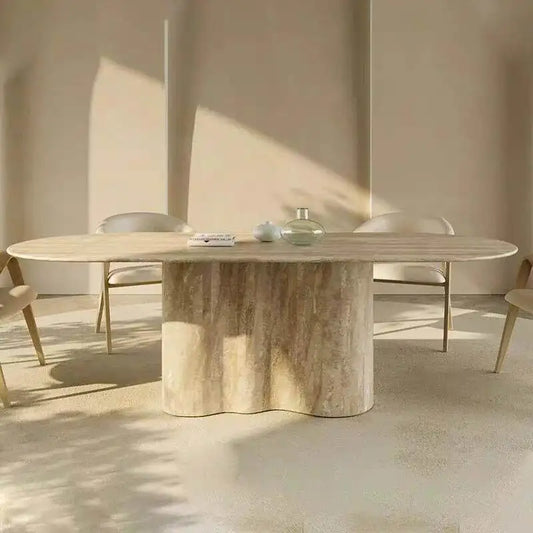 Classic Plinth Beige Travertine Dining Table - 63-79 inch Solid Stone Centerpiece - Architectural Natural Stone Furniture | LuxuryMarbleHome