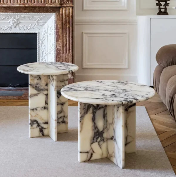 Calacatta Paonazzo Marble Side Table - Architectural Cross Base - Architectural Natural Stone Furniture | LuxuryMarbleHome