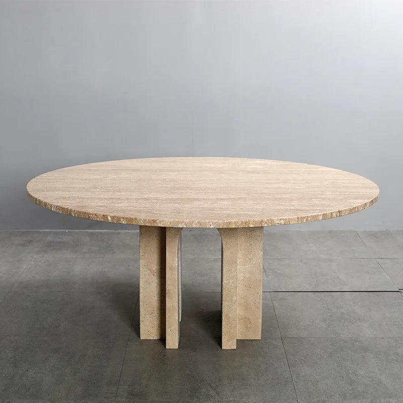 Athenaeum 47 inch Round Natural Travertine Dining Table - Architectural Arch Plinth Base - Architectural Natural Stone Furniture | LuxuryMarbleHome
