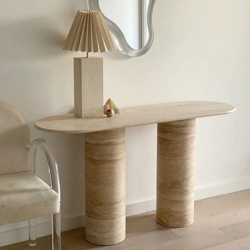 The Ellipse Monolith: Pill-Shaped Travertine Console - Architectural Natural Stone Furniture | LuxuryMarbleHome