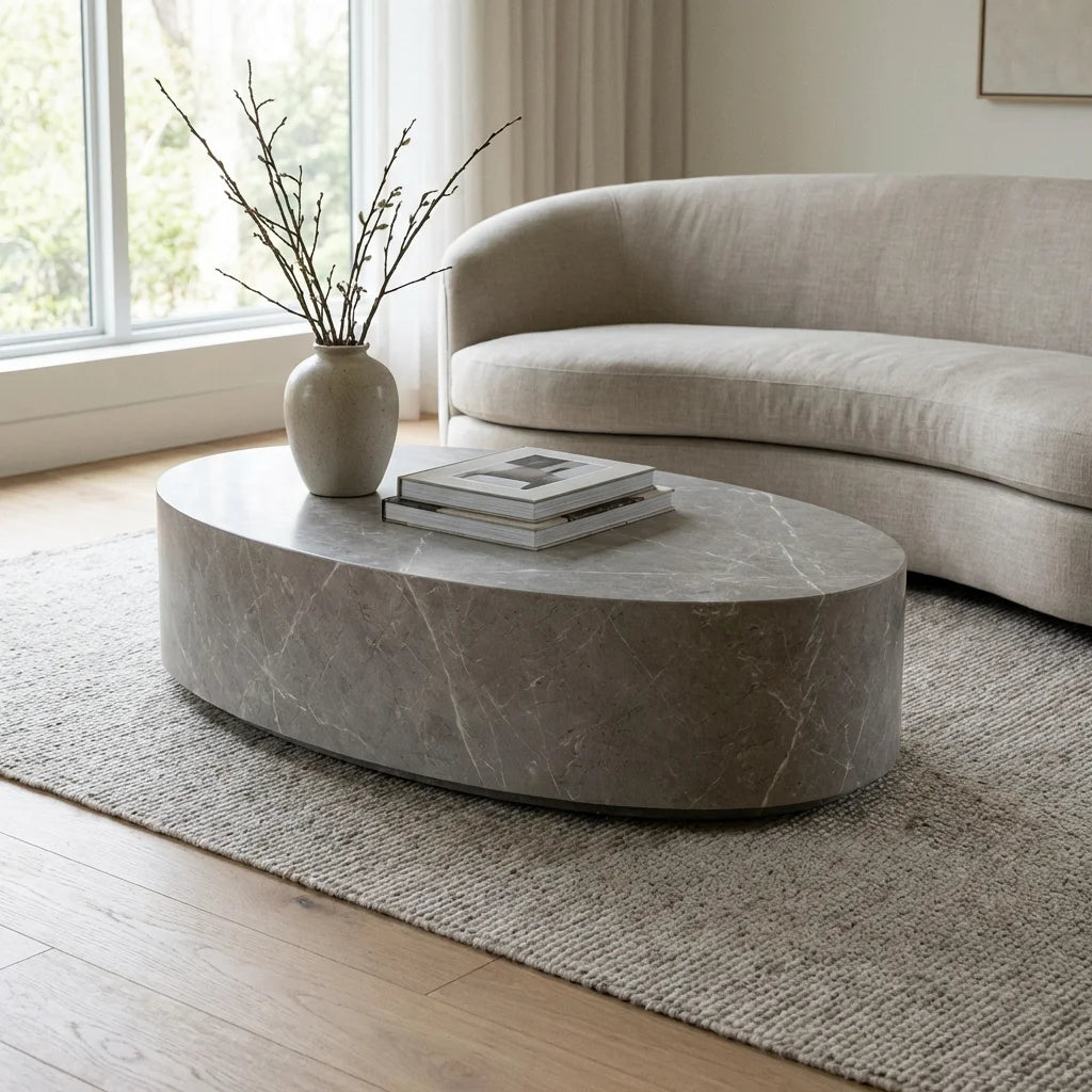 Italian Tundla Gray Oval Real Marble Coffee Table - Modern Minimalist Centerpiece - Architectural Natural Stone Furniture | LuxuryMarbleHome