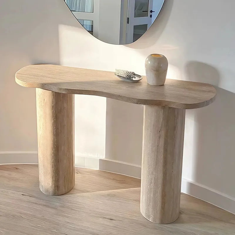 The Zen Curvature: Organic Fluid-Edge Travertine Console - Architectural Natural Stone Furniture | LuxuryMarbleHome