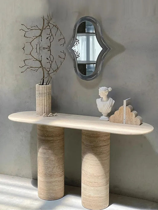 The Ellipse Monolith: Pill-Shaped Travertine Console - Architectural Natural Stone Furniture | LuxuryMarbleHome