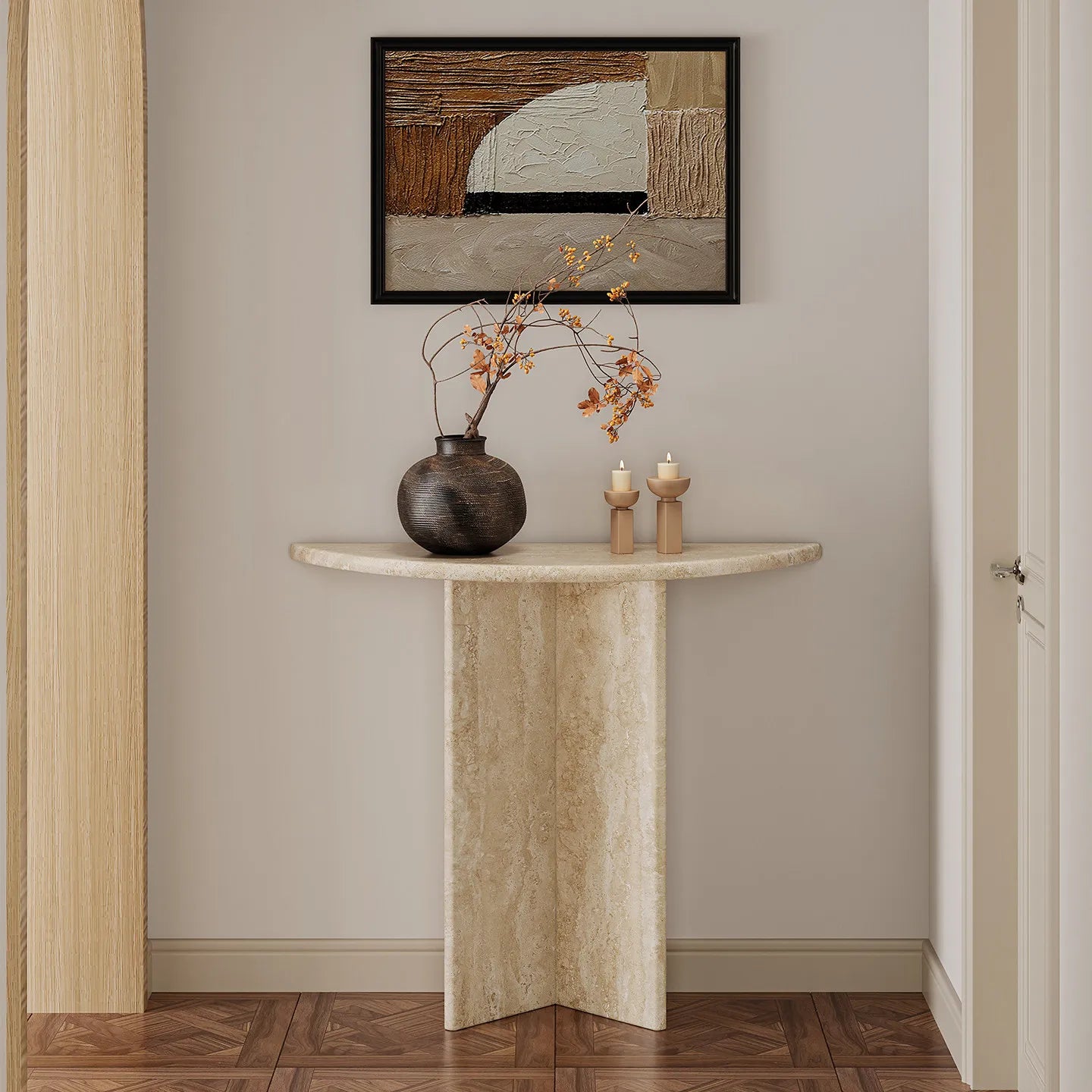 The Crescent Monolith: Rosso Travertine Console - Architectural Natural Stone Furniture | LuxuryMarbleHome