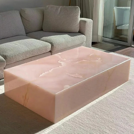Monolithic Pink Onyx Jade Marble Coffee Table - Ethereal Block Series - Architectural Natural Stone Furniture | LuxuryMarbleHome