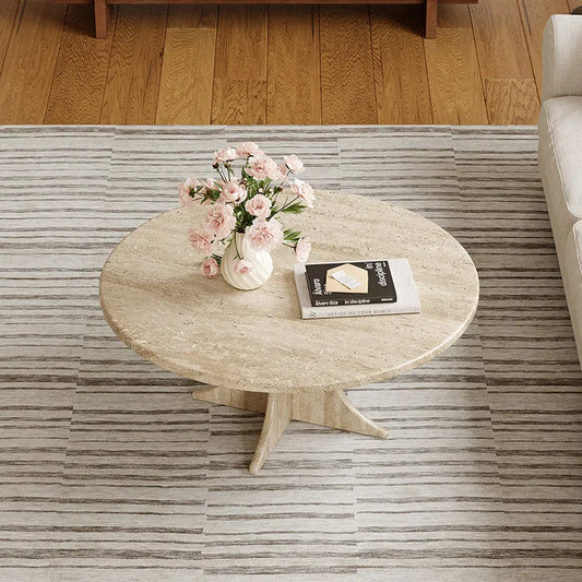 Artisan Round Natural Travertine Coffee Table - Sculptural Pedestal Monolith