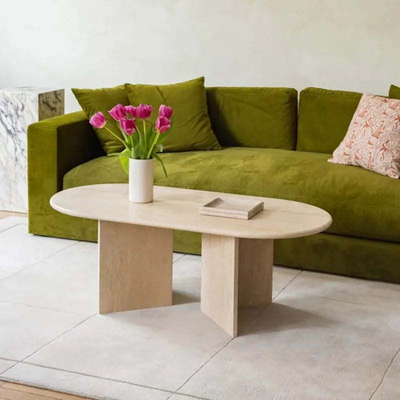 Classic Oval Travertine Coffee Table - Interlocking Architectural Pedestal