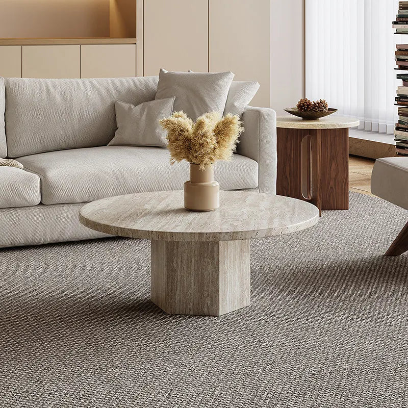 Classic Hexagonal Column Circular Travertine Table - Sculptural Plinth Series