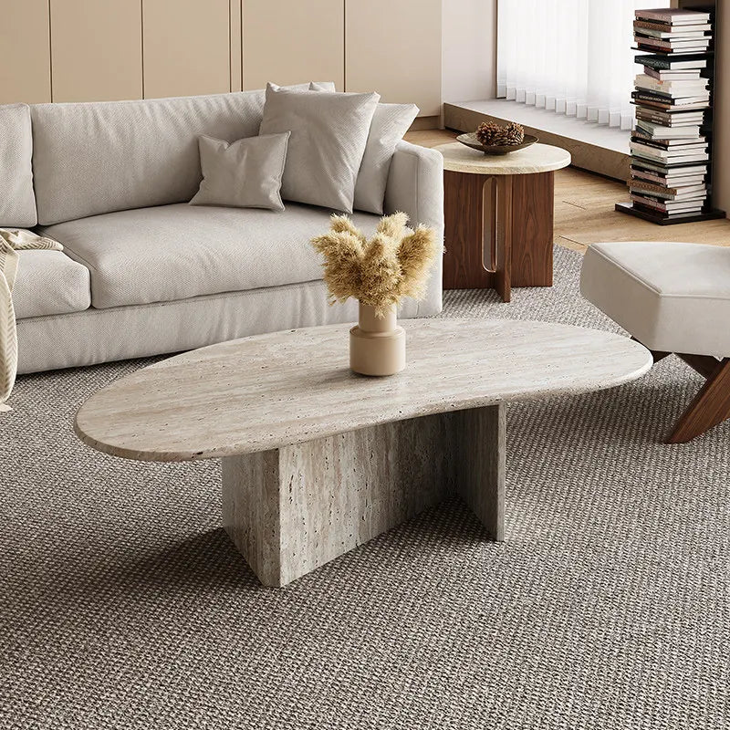 Classic Oval Travertine Coffee Table - Sculptural V-Pedestal Base