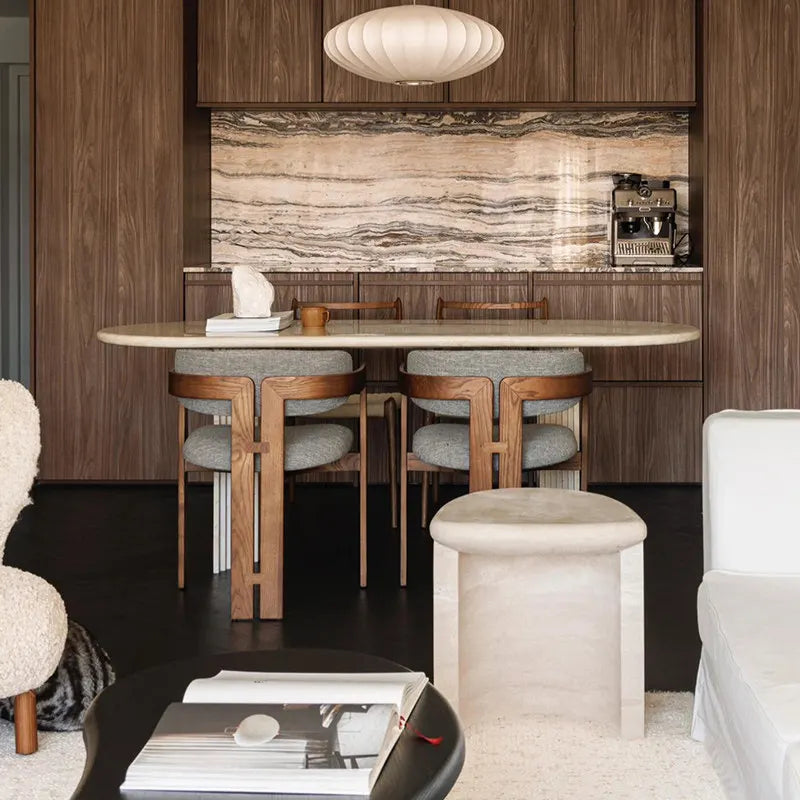 The Arch Monolith: Sculptural White Travertine Oval Dining Table