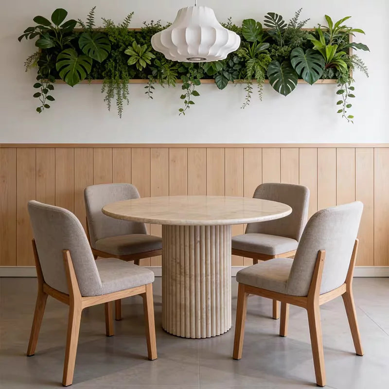 The Pillar Round: Minimalist Fluted Travertine Dining Table - Natural Travertine Stone Furniture - Monolithic Design - One Stone One Picture - Luxury Marble Home (View 5)