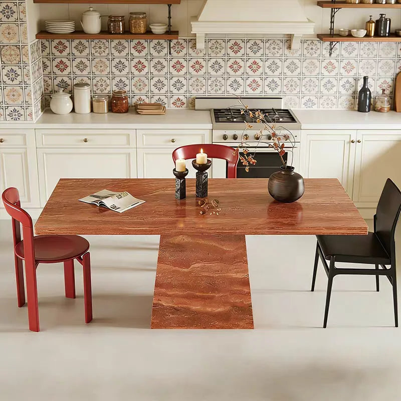 The Ruby Monolith: Rectangular Red Travertine Dining Table - Natural Travertine Stone Furniture - Monolithic Design - One Stone One Picture - Luxury Marble Home (View 5)