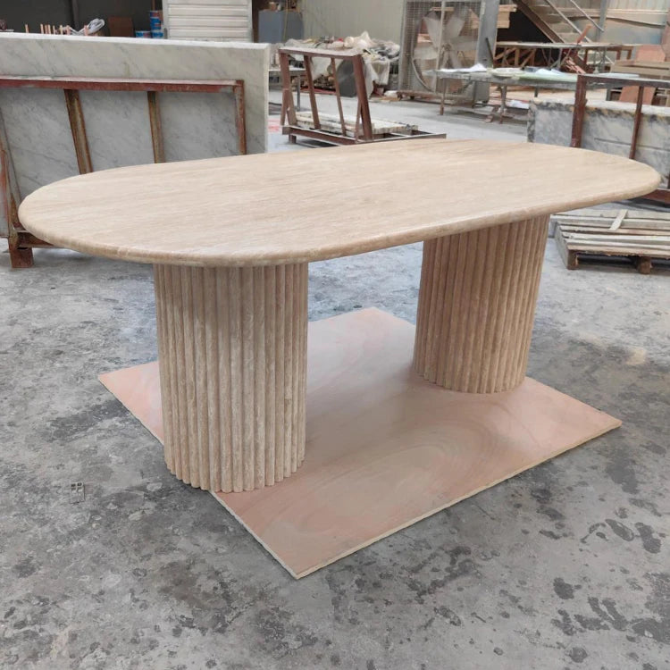 Architectural Fluted Travertine Oval Dining Table - Monolithic Stone Collection