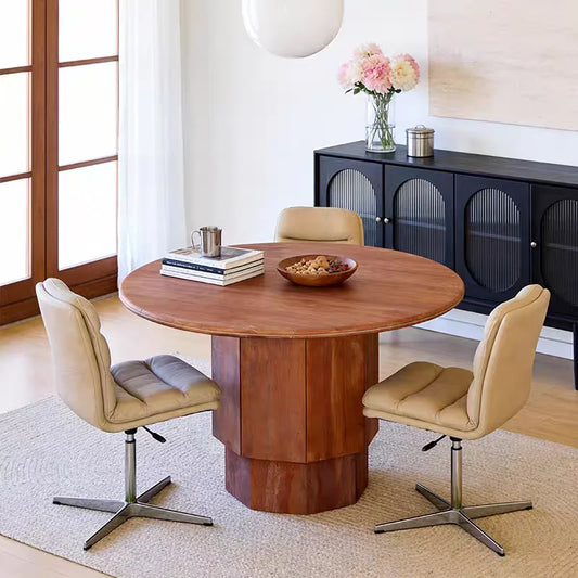 The Crimson Monolith: Imported Natural Red Travertine Round Dining Table - Natural Travertine Stone Furniture - Monolithic Design - One Stone One Picture - Luxury Marble Home (View 2)