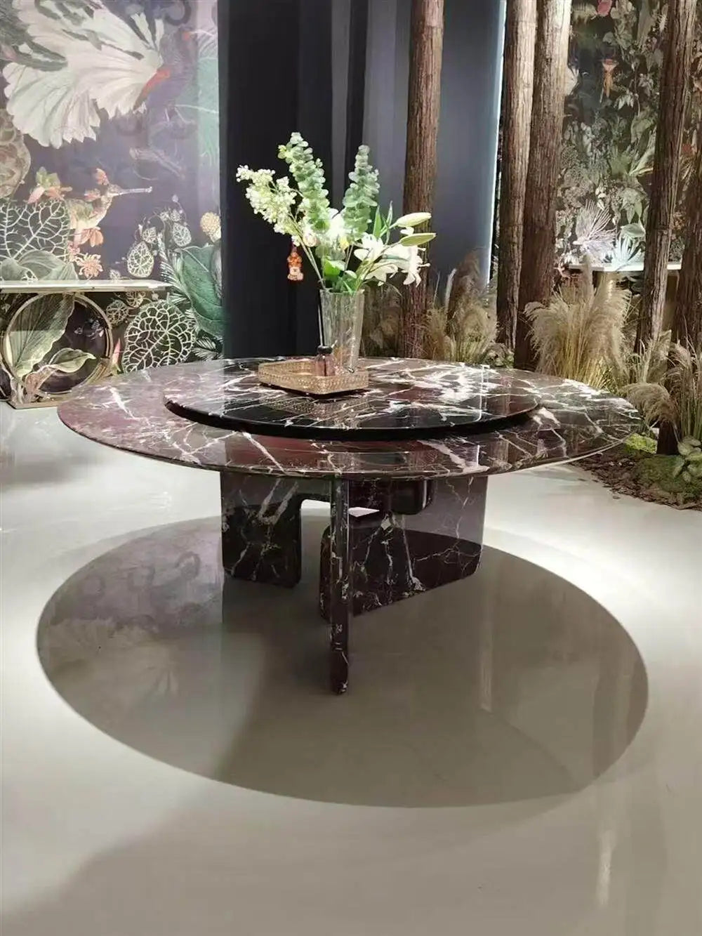 The Crimson Meridian: Monolithic Rosso Levanto Marble Round Dining Table