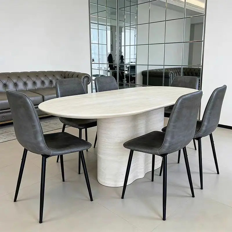 The Ethereal Plateau: Imported Natural Travertine Oval Dining Table