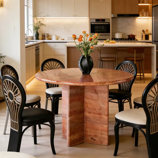 The Ruby Meridian: Natural Red Travertine Cross-Base Dining Table - Natural Travertine Stone Furniture - Monolithic Design - One Stone One Picture - Luxury Marble Home (View 2)