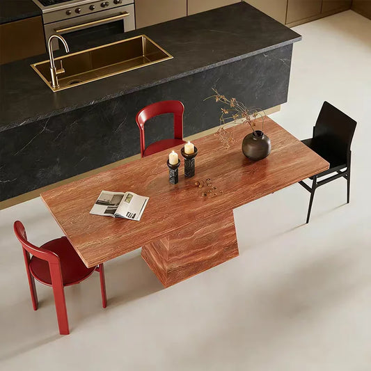 The Ruby Monolith: Rectangular Red Travertine Dining Table - Natural Travertine Stone Furniture - Monolithic Design - One Stone One Picture - Luxury Marble Home (View 2)