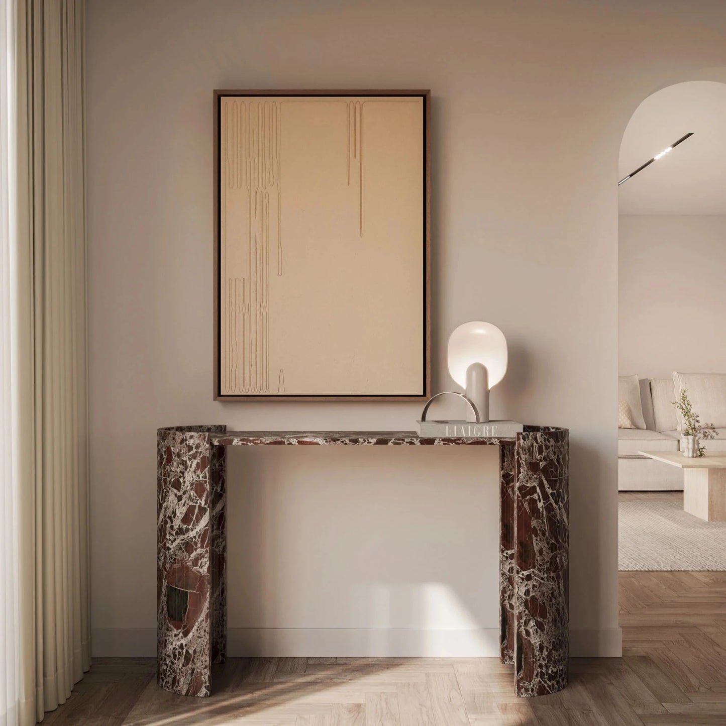 Lavia 55 inch Natural Gray Travertine Console Table - Modern Atmospheric Entryway - Architectural Natural Stone Furniture | LuxuryMarbleHome
