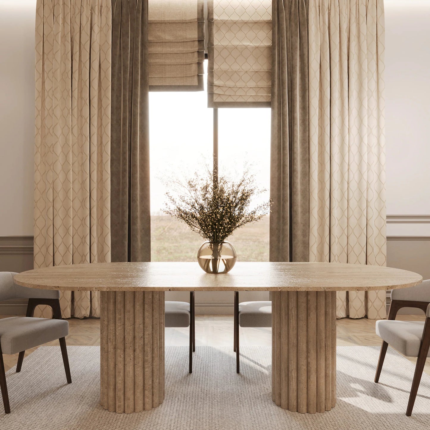 Lorenzo 79 inch Beige Travertine Oval Dining Table - Fluted Stone Base - Architectural Natural Stone Furniture | LuxuryMarbleHome