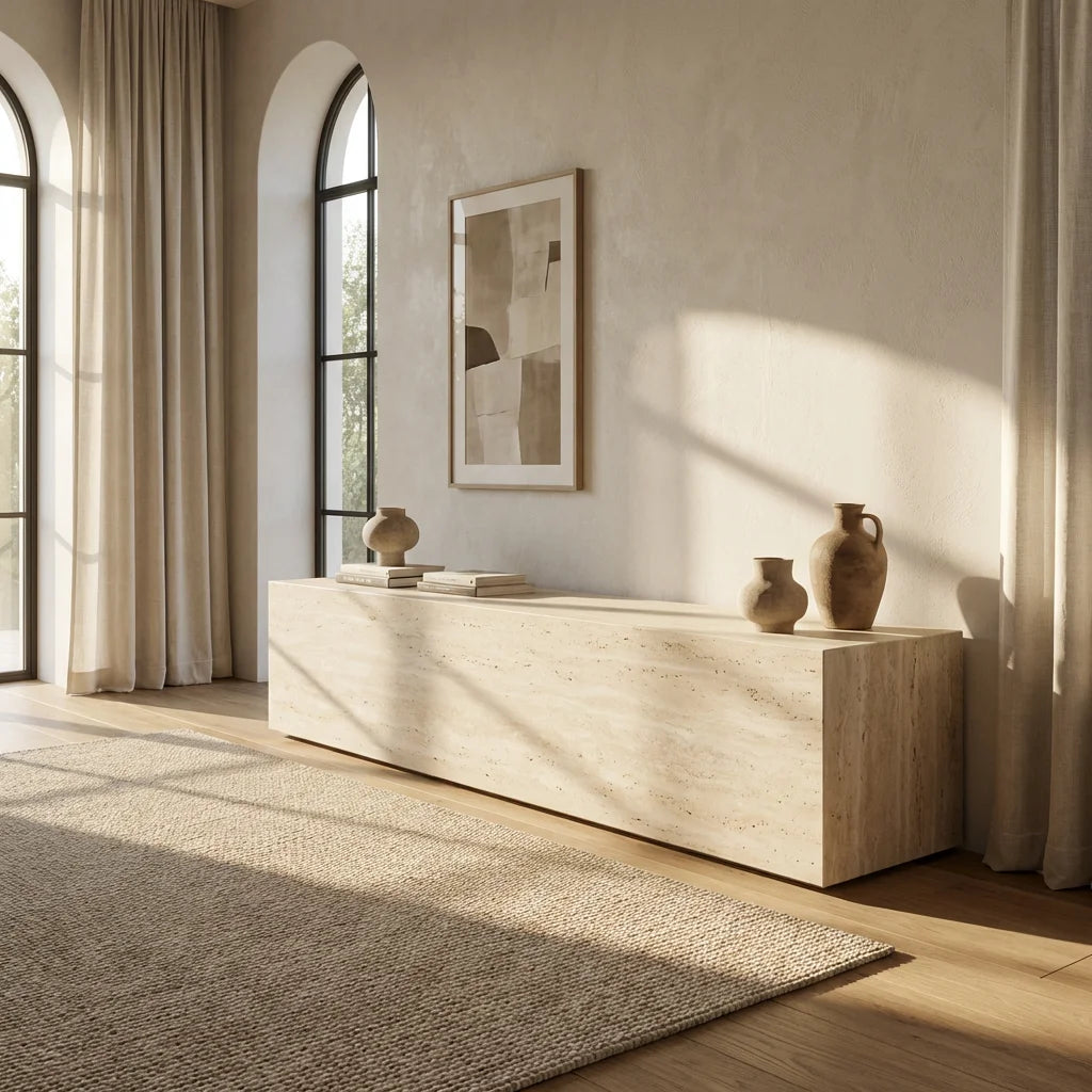 The Sculptural Foundation: Elevating Your Entertainment Space with a Monolithic Travertine TV Stand