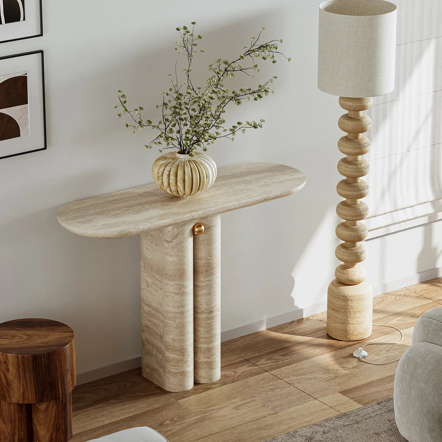 The Orb Monolith: Gold-Accented Travertine Console - Architectural Natural Stone Furniture | LuxuryMarbleHome