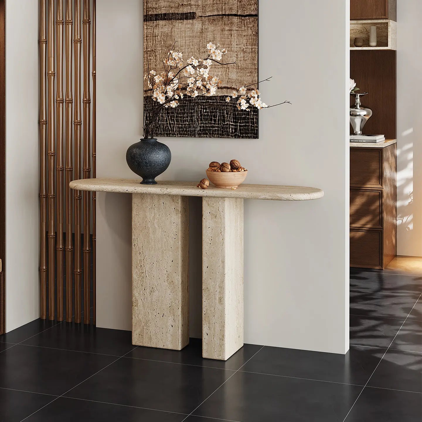 The Pillar Monolith: Double-Plinth Travertine Console - Architectural Natural Stone Furniture | LuxuryMarbleHome