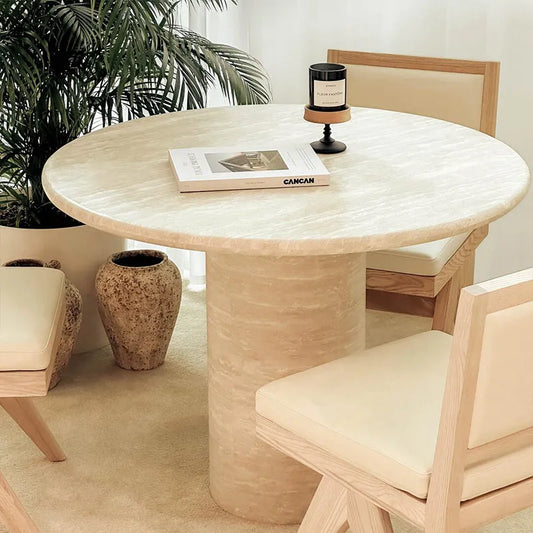 Classic Circular Travertine Dining Table - Natural Cream & Red Stone Masterpiece - Architectural Natural Stone Furniture | LuxuryMarbleHome