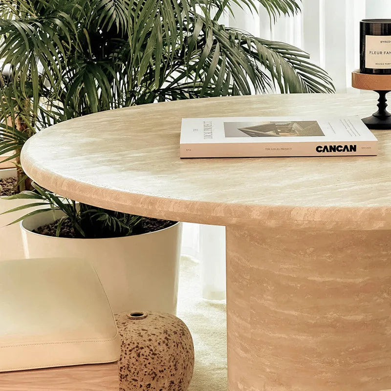 Classic Circular Travertine Dining Table - Natural Cream & Red Stone Masterpiece - Architectural Natural Stone Furniture | LuxuryMarbleHome