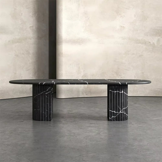 Architectural Fluted Nero Marquina Black Marble Dining Table - Oval Monolithic Design | LuxuryMarbleHome