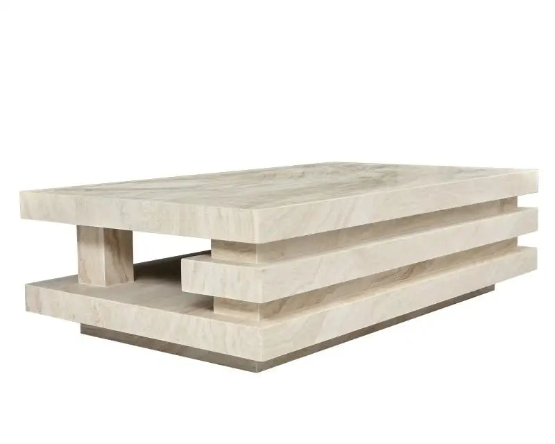 Angled View: Shadow Lines and Architectural Tiers of Solid Travertine Table | LuxuryMarbleHome