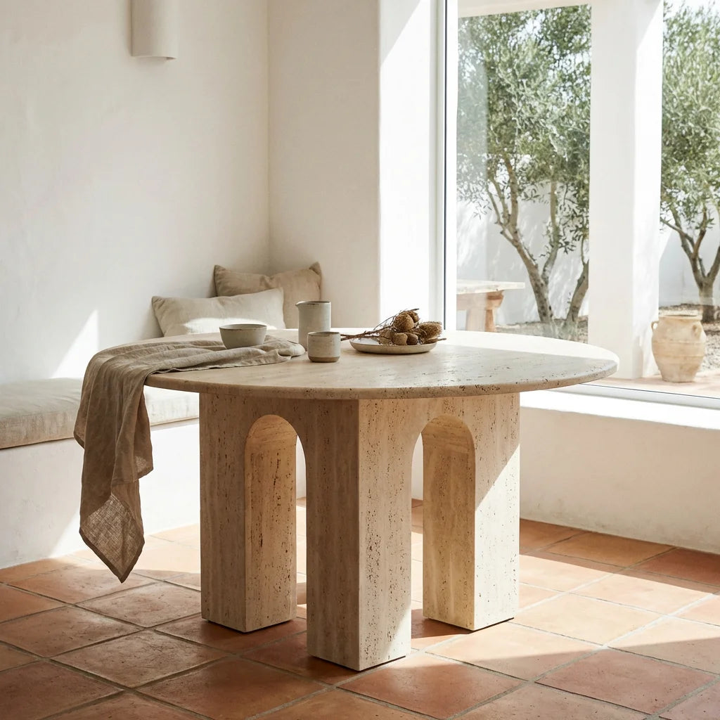 Athenaeum 47 inch Round Natural Travertine Dining Table - Architectural Arch Plinth Base - Architectural Natural Stone Furniture | LuxuryMarbleHome