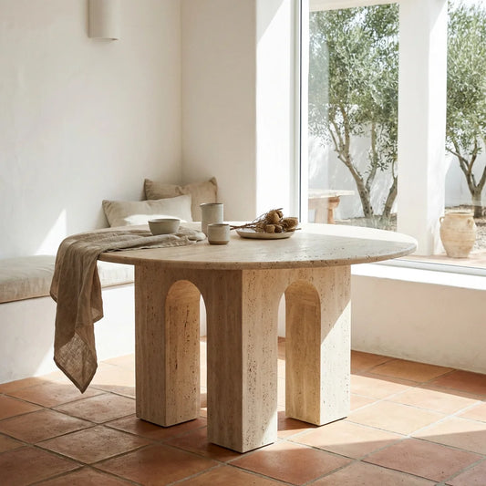 Athenaeum 47 inch Round Natural Travertine Dining Table - Architectural Arch Plinth Base - Architectural Natural Stone Furniture | LuxuryMarbleHome