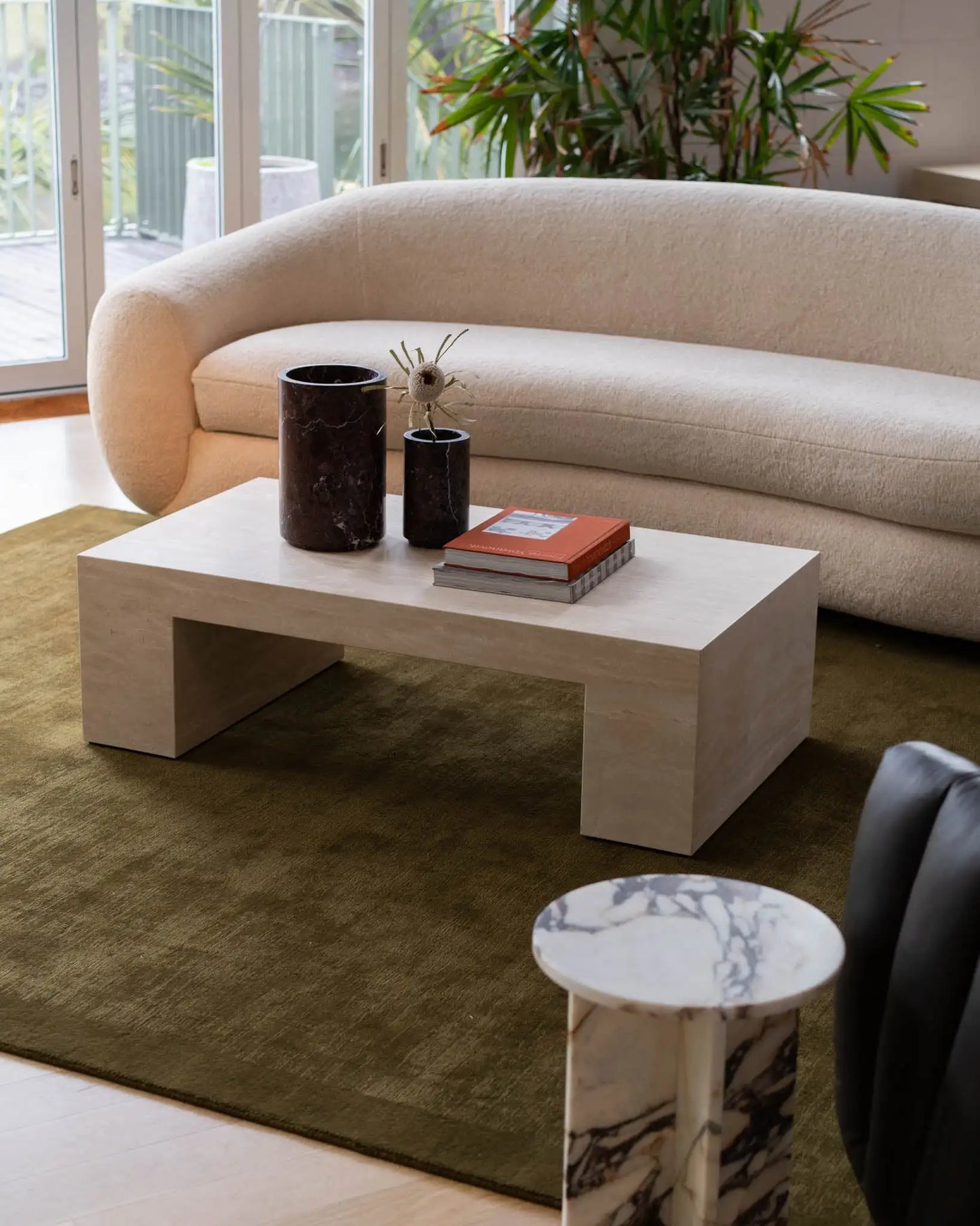 Classic Cream Travertine Coffee Table - Minimalist Monolithic Bridge Design - Architectural Natural Stone Furniture | LuxuryMarbleHome
