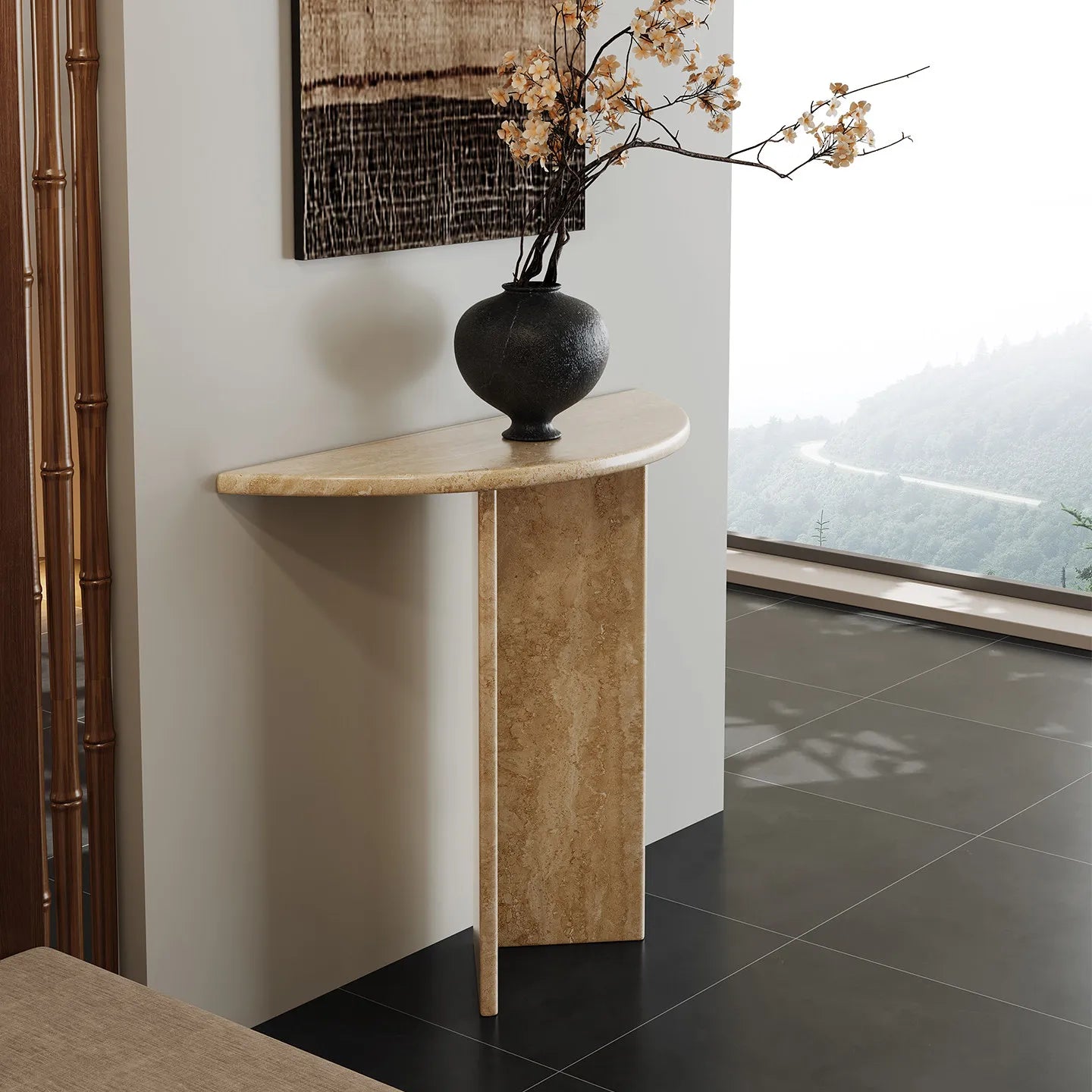 The Crescent Monolith: Rosso Travertine Console - Architectural Natural Stone Furniture | LuxuryMarbleHome