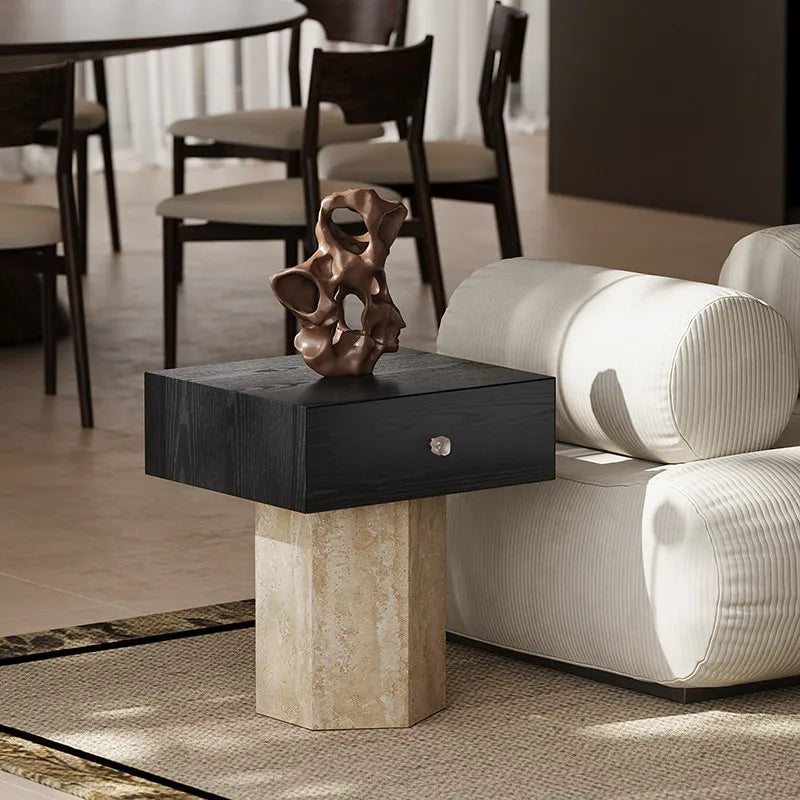 The Artisan's End Table - Natural Stone & Wood with Drawer - Architectural Natural Stone Furniture | LuxuryMarbleHome
