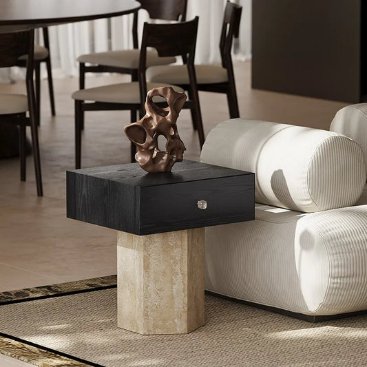 The Artisan's End Table - Natural Stone & Wood with Drawer - Architectural Natural Stone Furniture | LuxuryMarbleHome