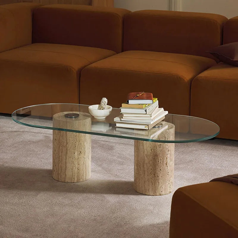 The Aura Travertine & Glass Coffee Table - Architectural Natural Stone Furniture | LuxuryMarbleHome