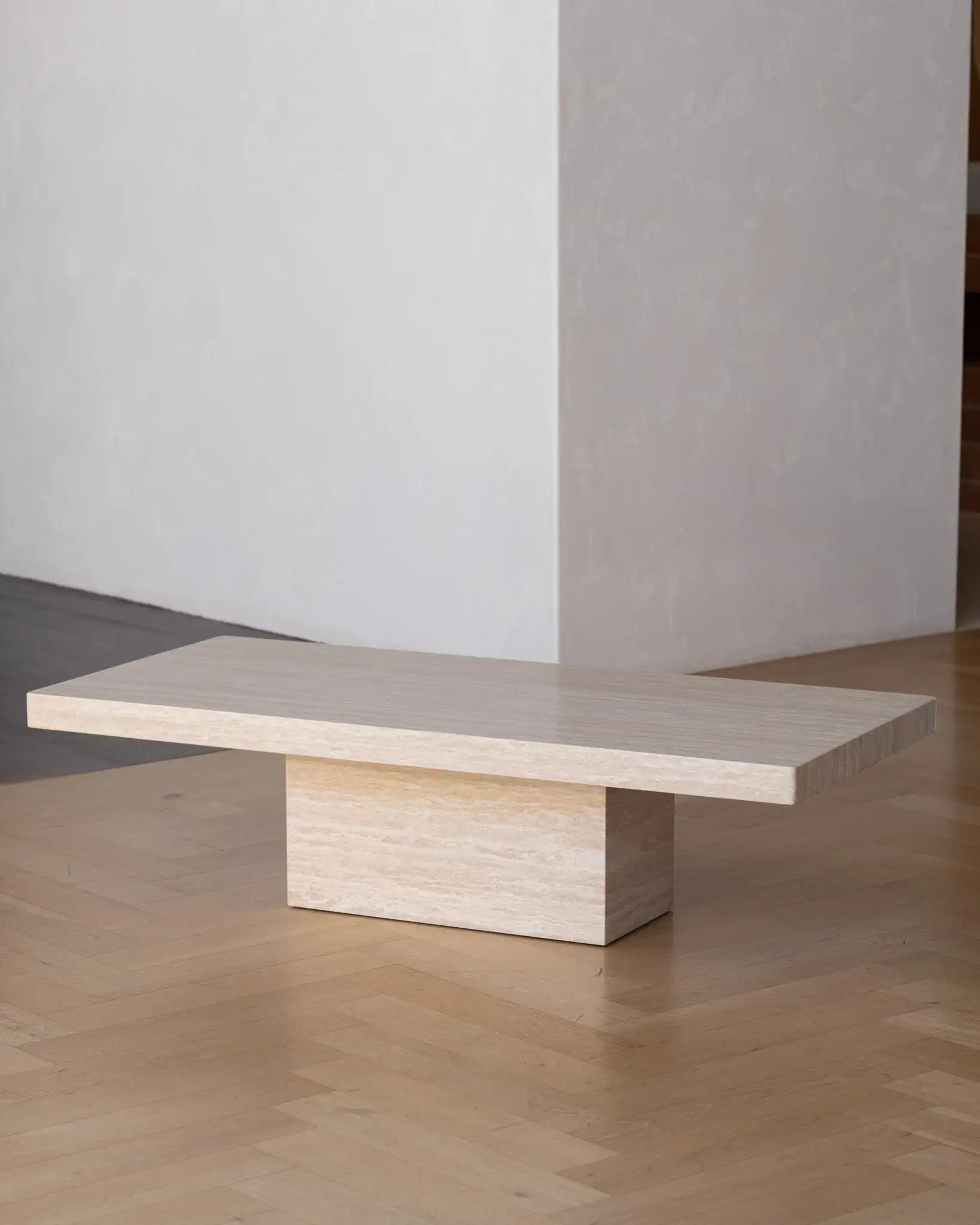 Rectangle Cream Travertine Coffee Table - Minimalist Monolithic Pedestal Design - Architectural Natural Stone Furniture | LuxuryMarbleHome