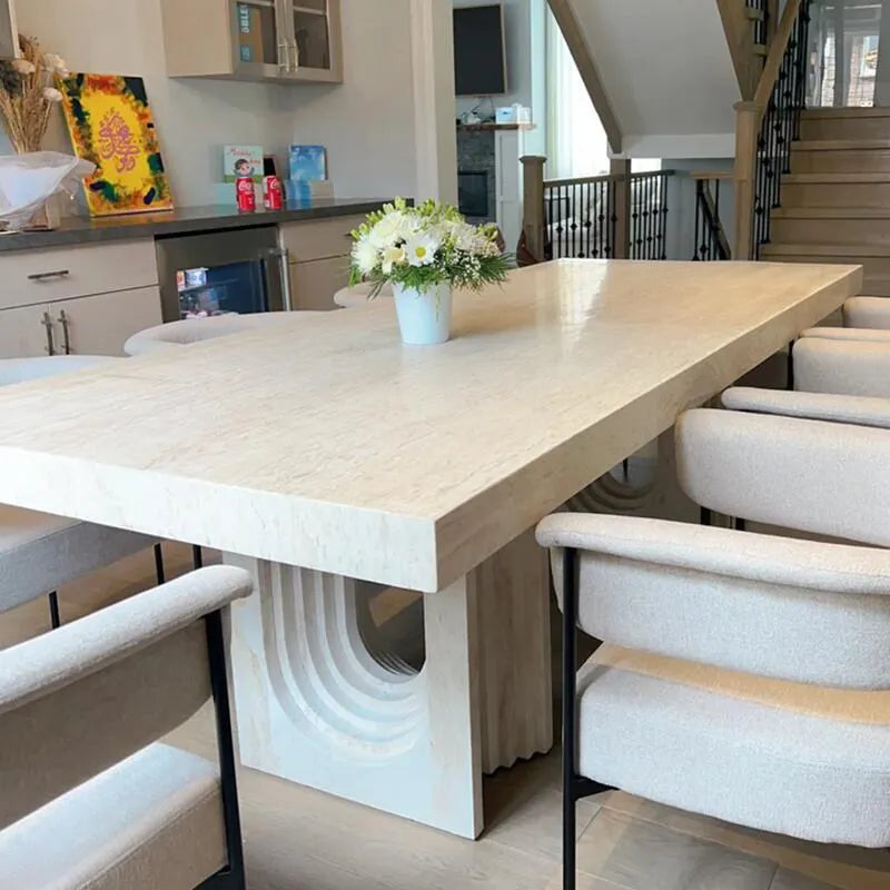 Archstone 71-87 inch Natural Travertine Dining Table - Sculptural Ellipse Design - Architectural Natural Stone Furniture | LuxuryMarbleHome