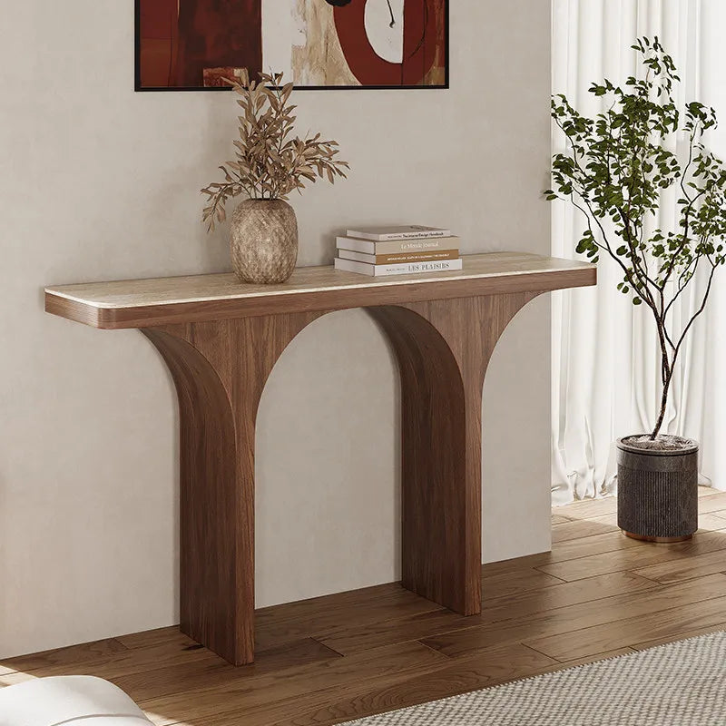The Archway: Travertine Sintered Stone & Walnut Console - Architectural Natural Stone Furniture | LuxuryMarbleHome